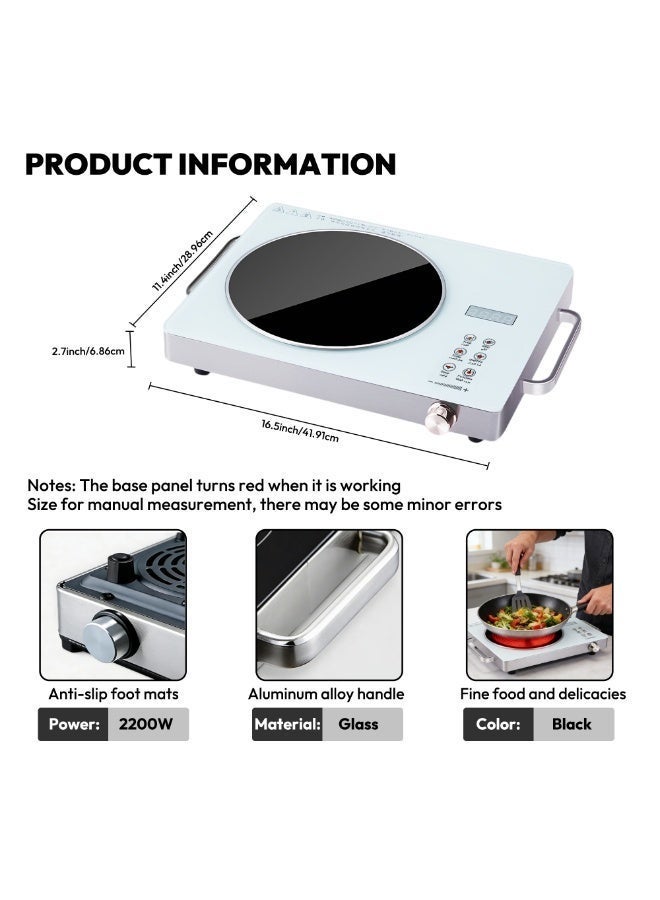 رايتشر موقد يعمل بالأشعة تحت الحمراء، عنصر تسخين سيراميكي بقوة 2200 واط، موقد كهربائي بسطح زجاجي مزدوج الكريستال وموقد واحد، مزود بلوحة تحكم تعمل باللمس قابلة لضبط درجة الحرارة بالأرقام العربية ووظيفة حماية من السخونة الزائدة (لون أبيض) - Image 5